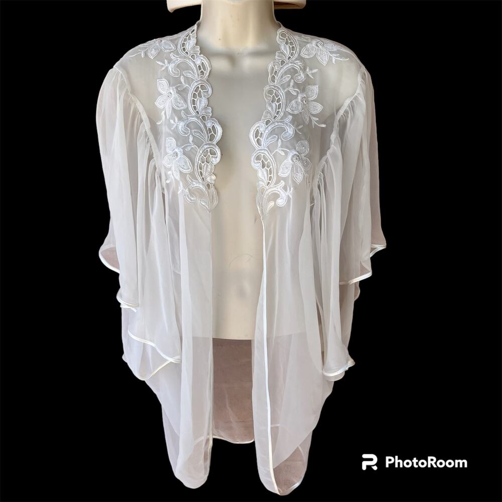 VTG Victoria's Secret Gold Label Sheer Chiffon Lace Open Mini Robe Cream OS